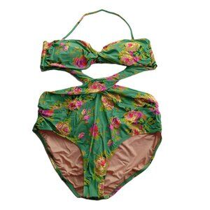 J. Crew Crisscross Cutout Bandeau One Piece Swimsuit Women's Sz 20 Green Floral